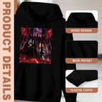 Construction-detail card for the women's Visitors in the Control Room hoodie, including the hood, front pouch and cuff edges
