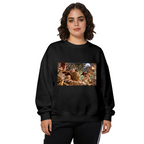A shield-bearing figure in a detailed moonlit battle scene printed on a women's crewneck sweatshirt, shown in a front model photo
