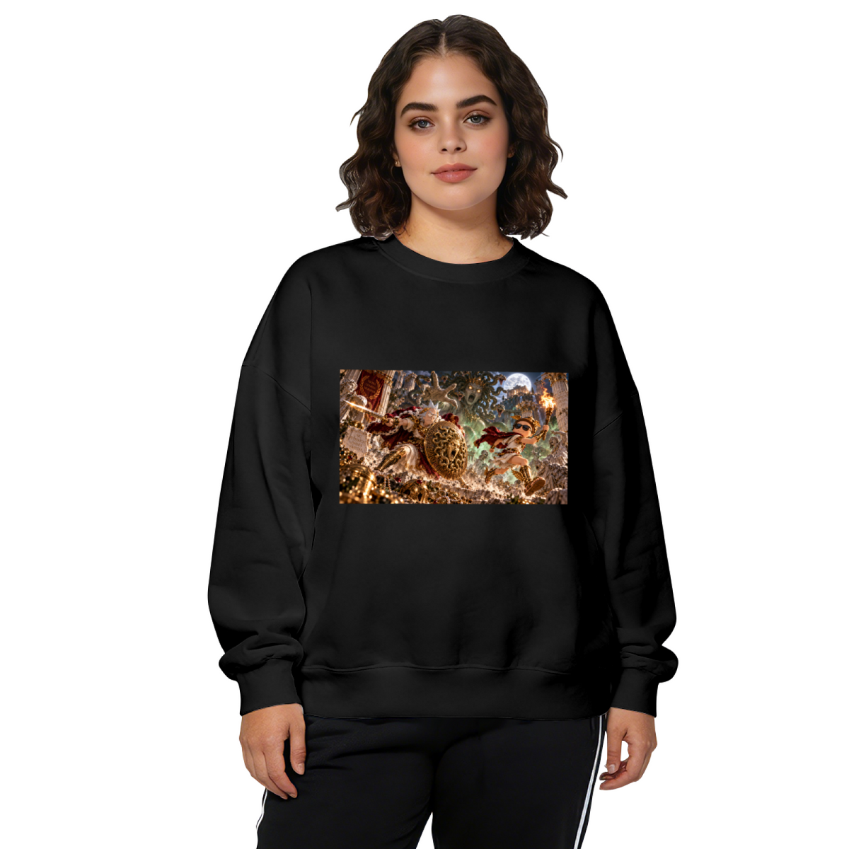 A shield-bearing figure in a detailed moonlit battle scene printed on a women's crewneck sweatshirt, shown in a front model photo