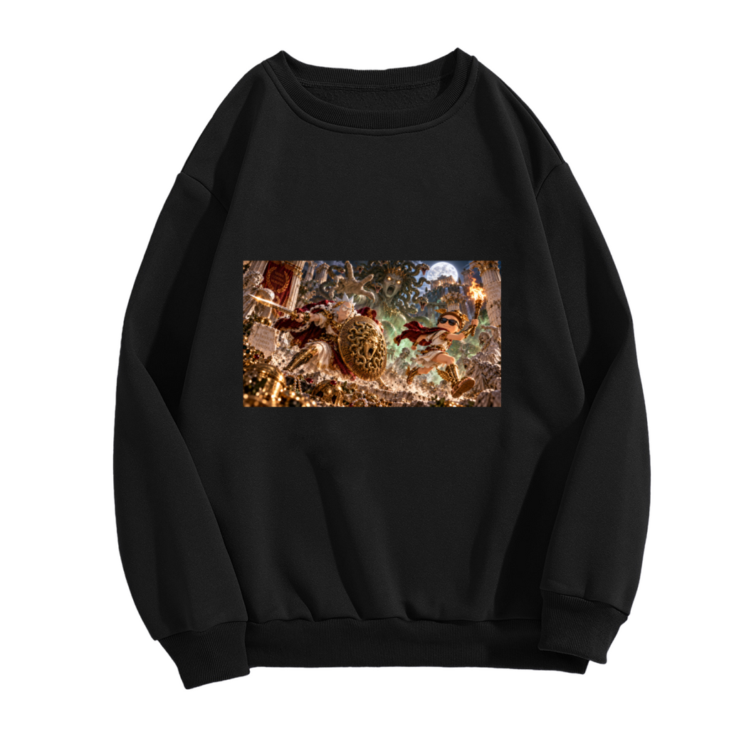 Unworn women's crewneck sweatshirt, front view of the design depicting a shield-bearing figure in a detailed moonlit battle scene