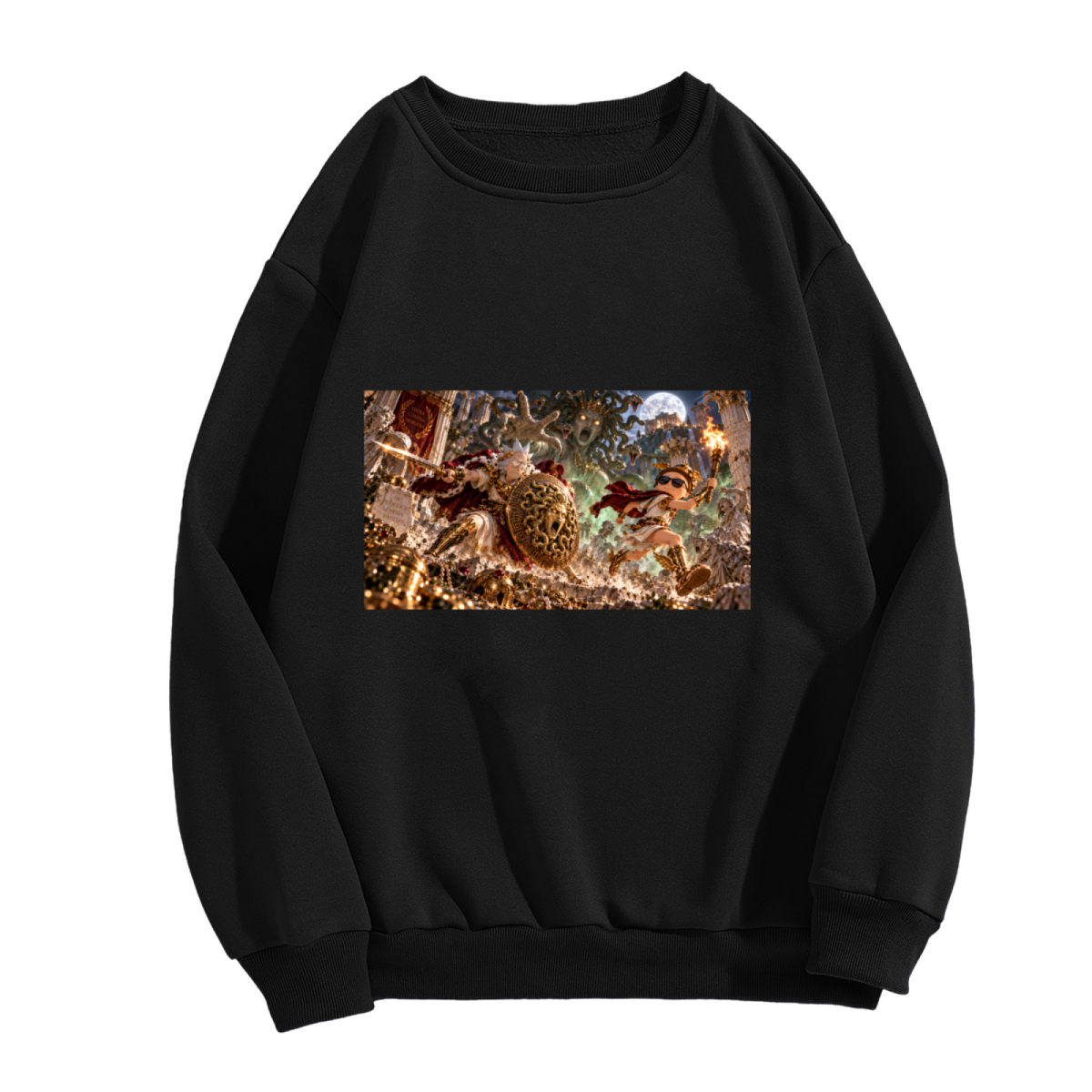 Unworn women's crewneck sweatshirt, front view of the design depicting a shield-bearing figure in a detailed moonlit battle scene
