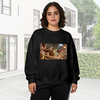 On-location model photograph displaying a shield-bearing figure in a detailed moonlit battle scene on the front of a women's crewneck sweatshirt