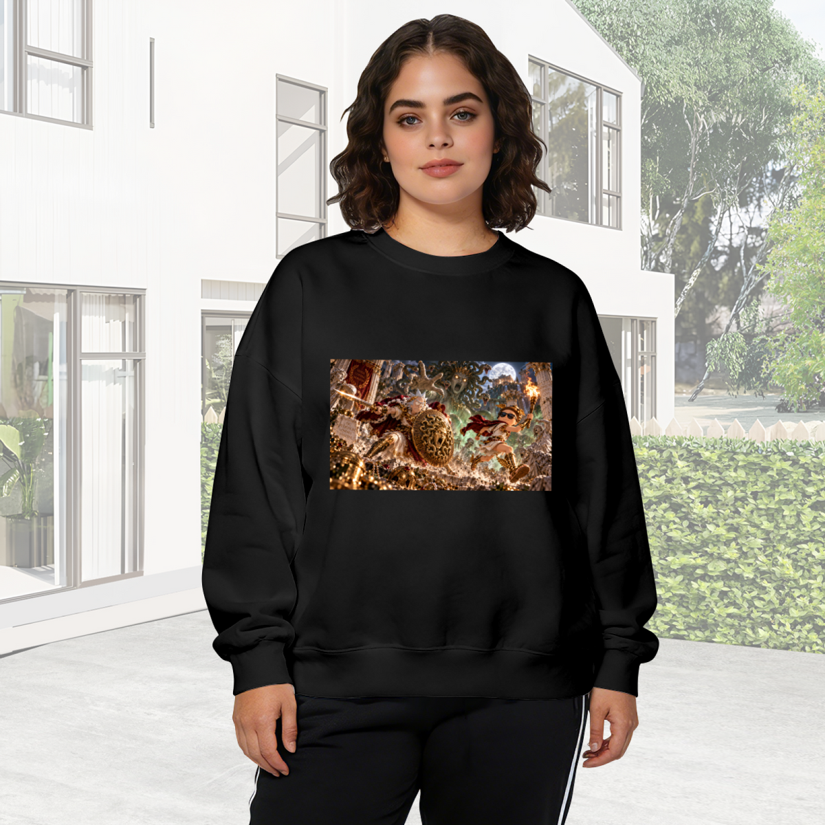 On-location model photograph displaying a shield-bearing figure in a detailed moonlit battle scene on the front of a women's crewneck sweatshirt