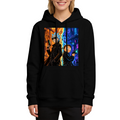 Studio photograph of a model in a women's hoodie showing two travelers between contrasting warm and cool city scenes