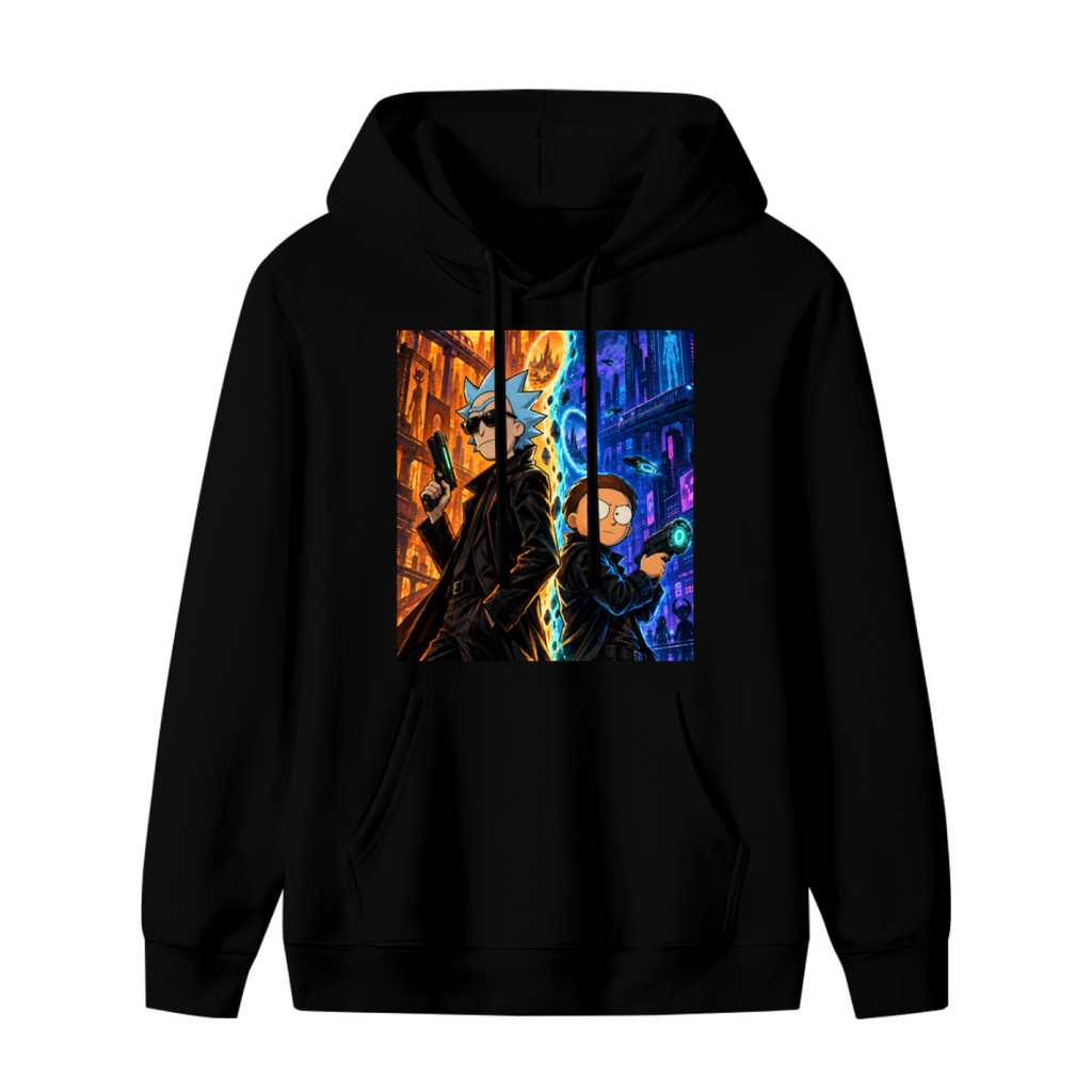 Standalone women's hoodie front displaying a graphic of two travelers between contrasting warm and cool city scenes
