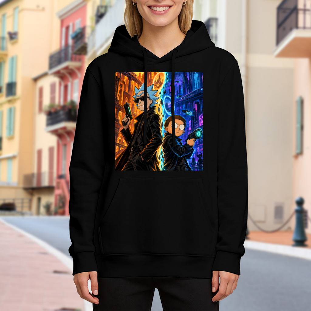 Women's hoodie worn outside, with the camera facing the graphic of two travelers between contrasting warm and cool city scenes