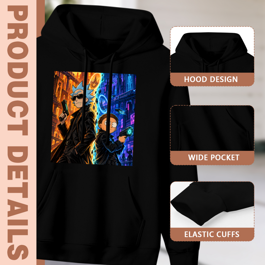 Construction-detail card for the women's Between Two Neon Worlds hoodie, including the hood, front pouch and cuff edges