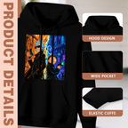 Construction-detail card for the women's Between Two Neon Worlds hoodie, including the hood, front pouch and cuff edges