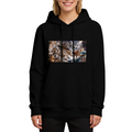On-model product photo: women's hoodie bearing a trident-bearing cat surrounded by surging waves in a sea battle