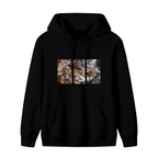Women's hoodie photographed alone, with a trident-bearing cat surrounded by surging waves in a sea battle on the front
