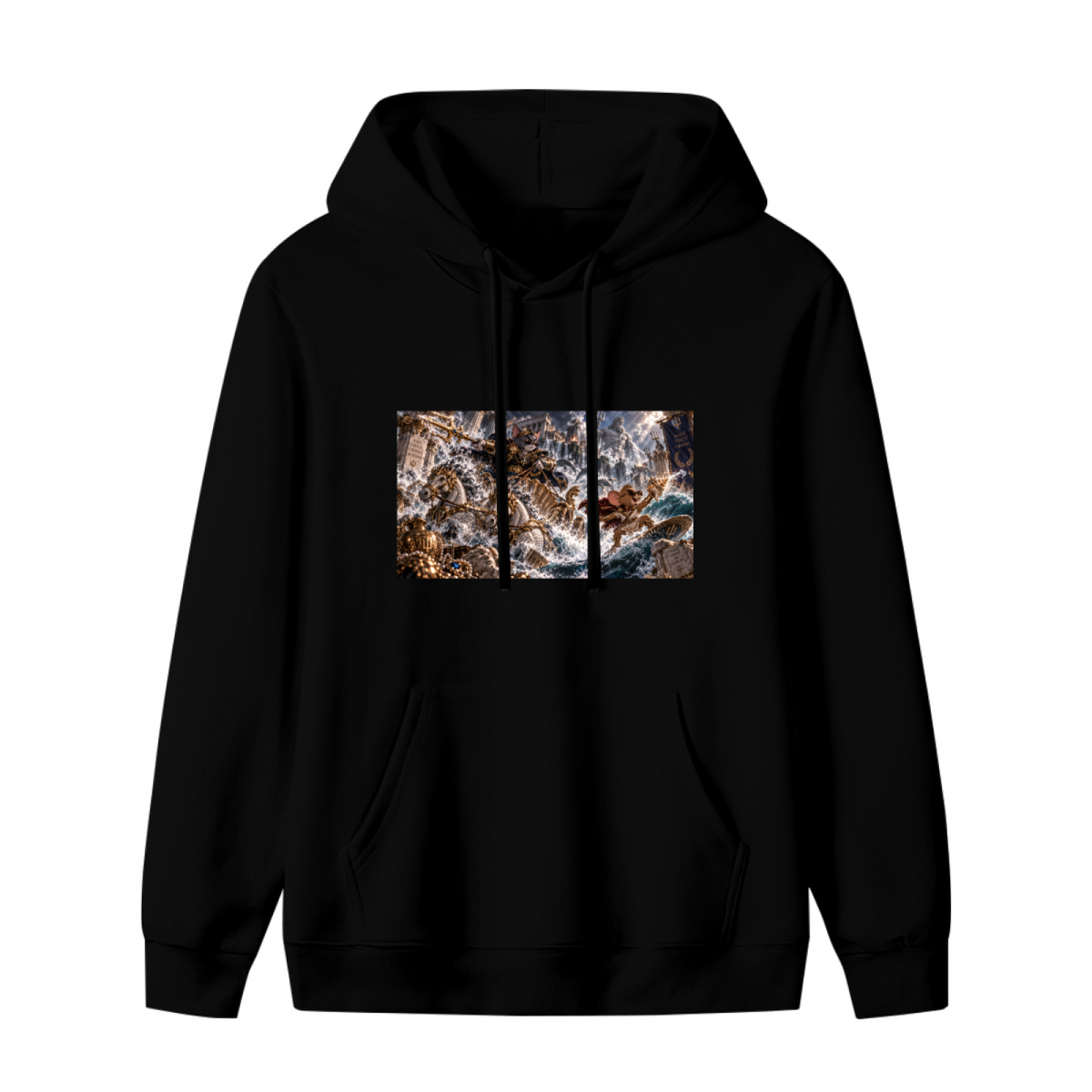 Women's hoodie photographed alone, with a trident-bearing cat surrounded by surging waves in a sea battle on the front