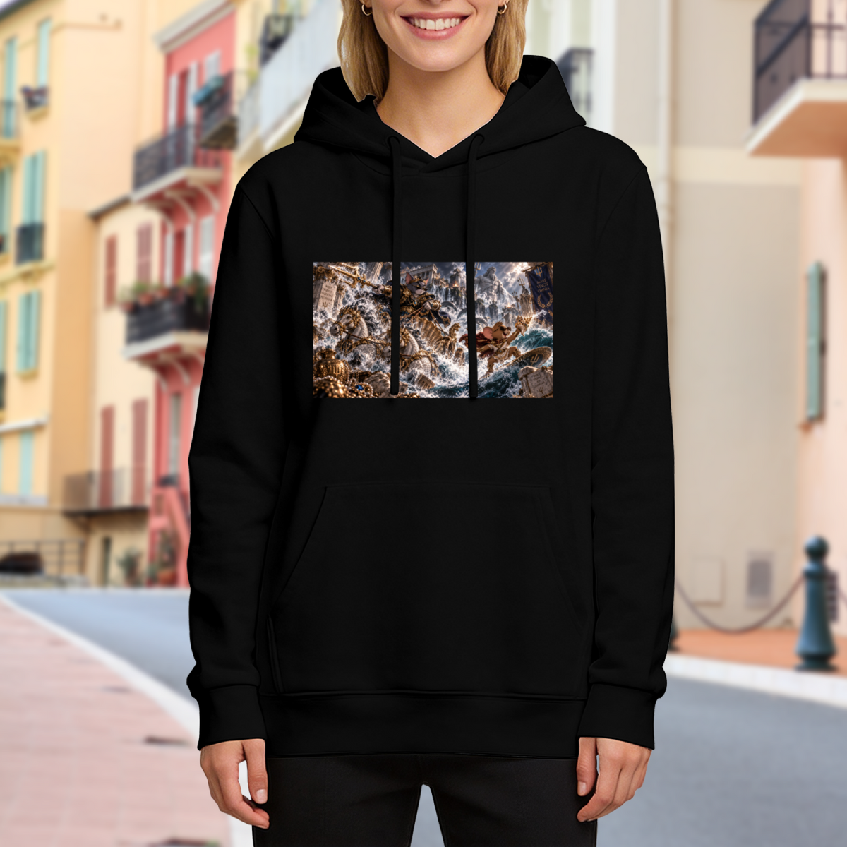 Lifestyle image outdoors: women's hoodie with a front graphic of a trident-bearing cat surrounded by surging waves in a sea battle