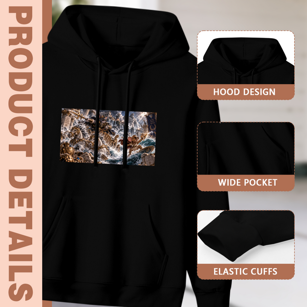 Feature collage for the women's Cat against the Ocean Surge hoodie: hood shape, pouch pocket and cuff finishing
