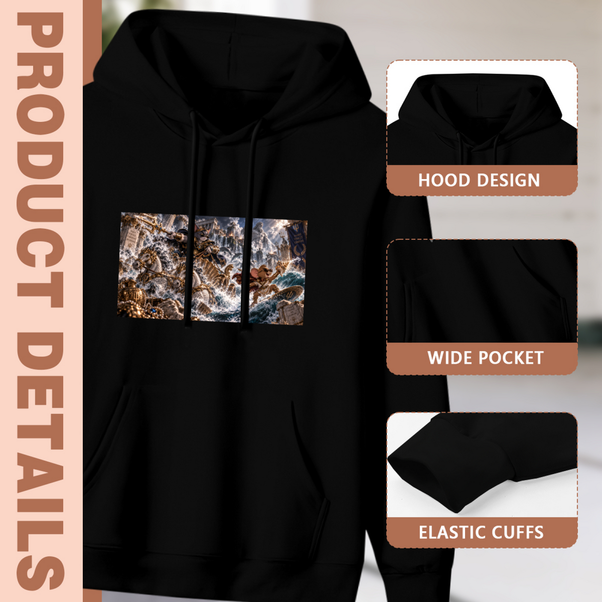 Feature collage for the women's Cat against the Ocean Surge hoodie: hood shape, pouch pocket and cuff finishing