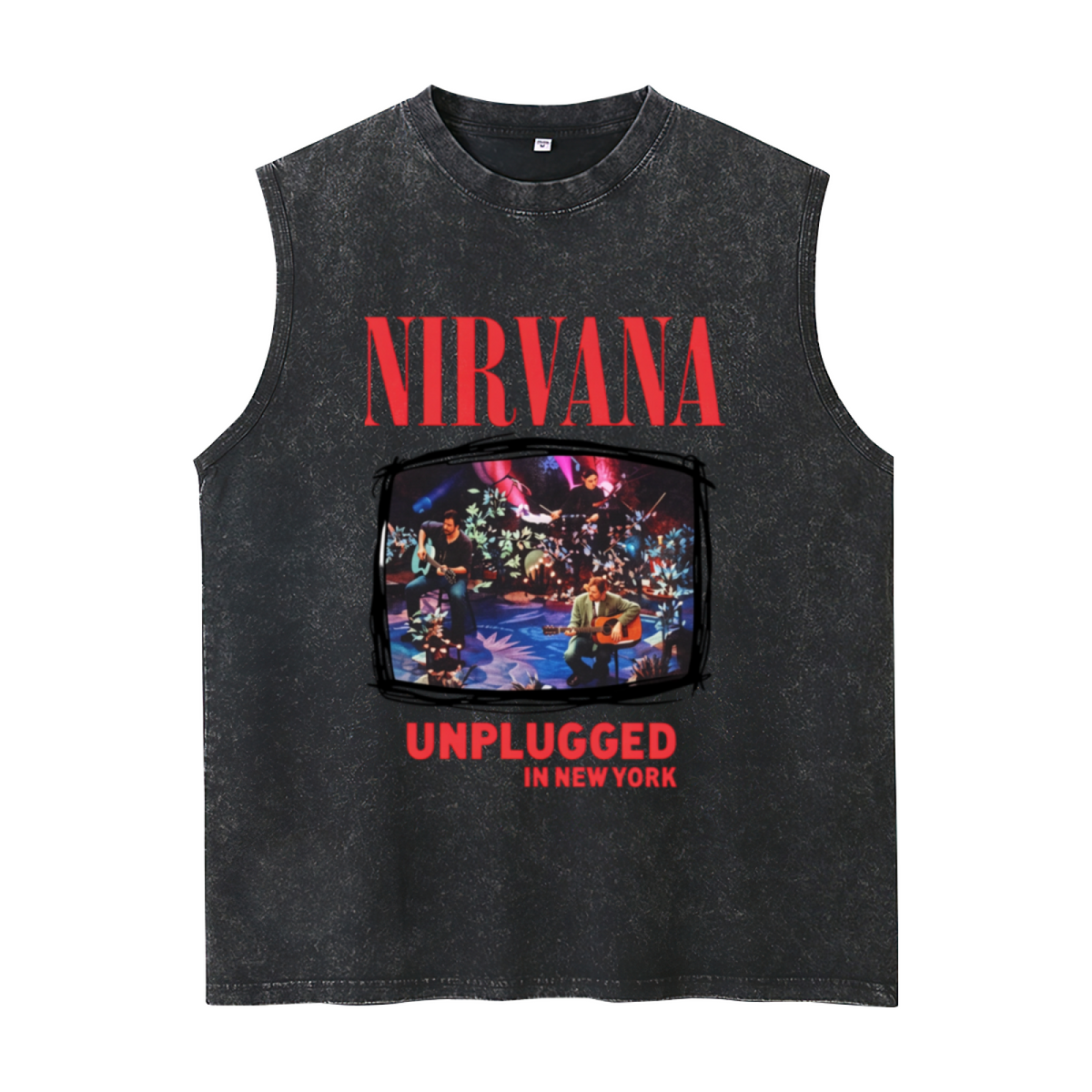 Nirvana MTV Unplugged New York Washed Tank Top — product image showing the the New York MTV Unplugged performance theme design
