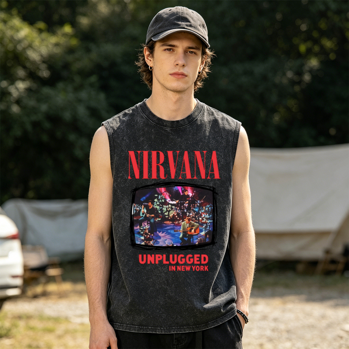 Nirvana MTV Unplugged New York Washed Tank Top — product image showing the the New York MTV Unplugged performance theme design