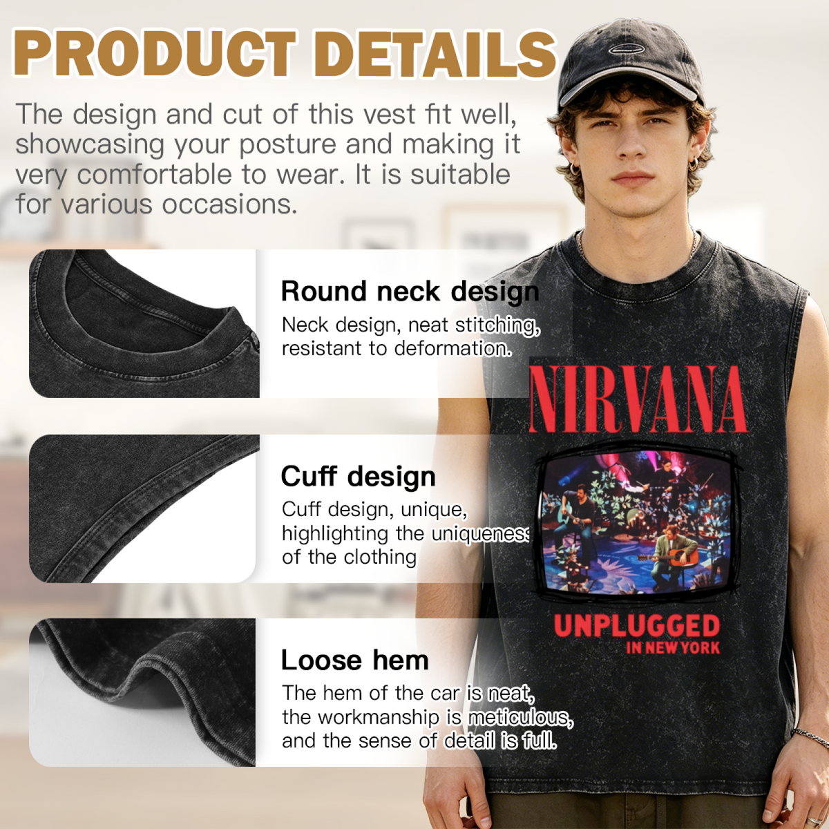 Nirvana MTV Unplugged New York Washed Tank Top — product image showing the the New York MTV Unplugged performance theme design