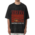 Nirvana Something in the Way Washed Tee in Black, product image showing a red radio graphic connected with the words Something in the Way.