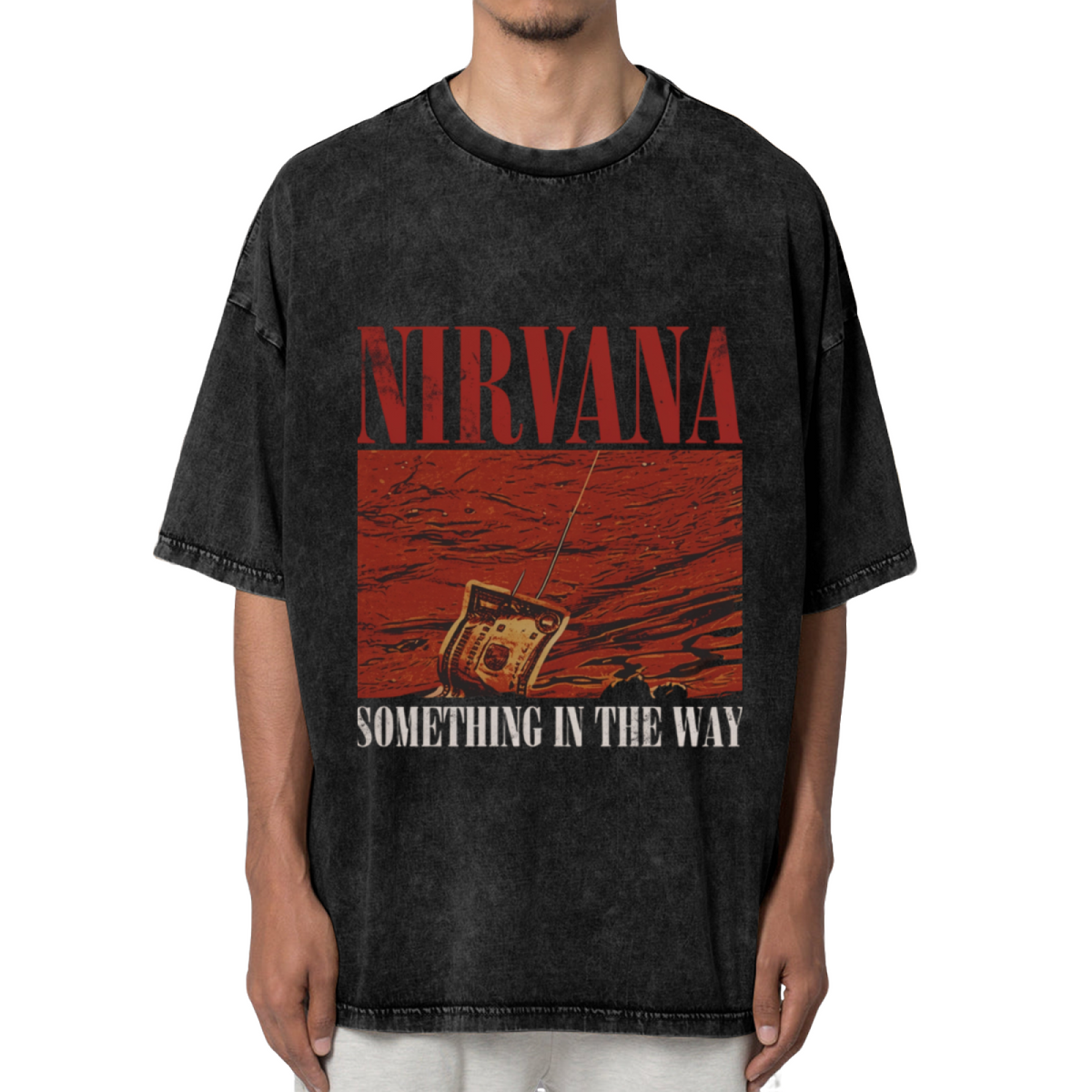 Nirvana Something in the Way Washed Tee in Black, product image showing a red radio graphic connected with the words Something in the Way.