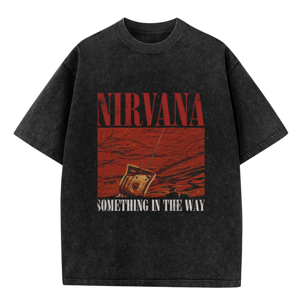 Nirvana Something in the Way Washed Tee in Black, product image showing a red radio graphic connected with the words Something in the Way.