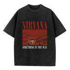 Nirvana Something in the Way Washed Tee in Black, product image showing a red radio graphic connected with the words Something in the Way.