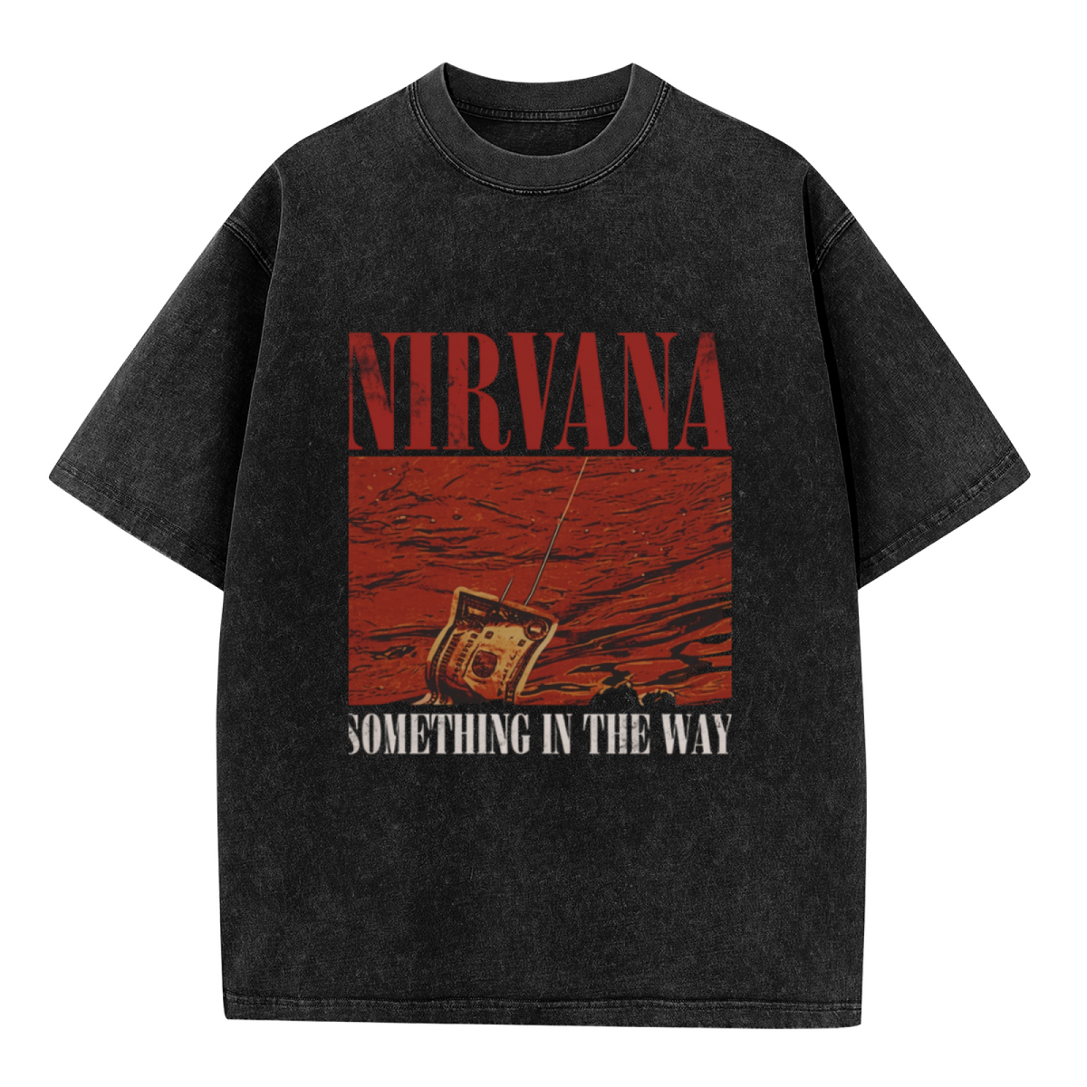 Nirvana Something in the Way Washed Tee in Black, product image showing a red radio graphic connected with the words Something in the Way.