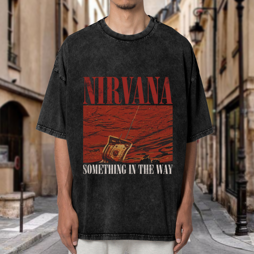 Nirvana Something in the Way Washed Tee in Black, product image showing a red radio graphic connected with the words Something in the Way.
