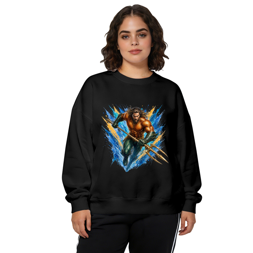An armored trident bearer surrounded by sharp multicolored paint streaks printed on a women's crewneck sweatshirt, shown in a front model photo