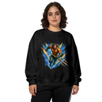 An armored trident bearer surrounded by sharp multicolored paint streaks printed on a women's crewneck sweatshirt, shown in a front model photo