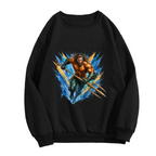 Unworn women's crewneck sweatshirt, front view of the design depicting an armored trident bearer surrounded by sharp multicolored paint streaks
