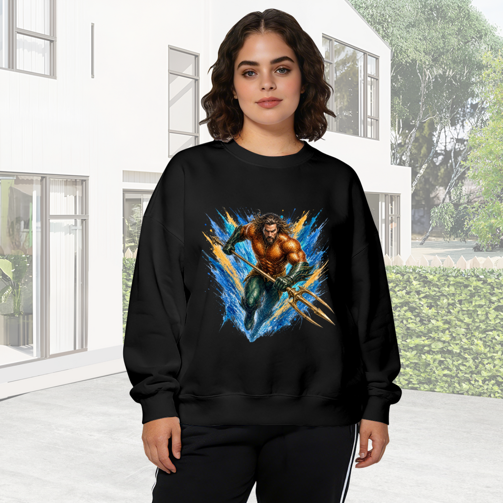 On-location model photograph displaying an armored trident bearer surrounded by sharp multicolored paint streaks on the front of a women's crewneck sweatshirt