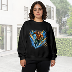 On-location model photograph displaying an armored trident bearer surrounded by sharp multicolored paint streaks on the front of a women's crewneck sweatshirt