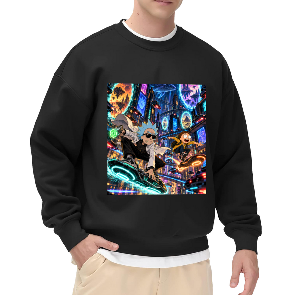 Studio photograph of a model in a men's crewneck sweatshirt showing two hoverboard riders surrounded by luminous portals