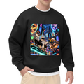 Studio photograph of a model in a men's crewneck sweatshirt showing two hoverboard riders surrounded by luminous portals