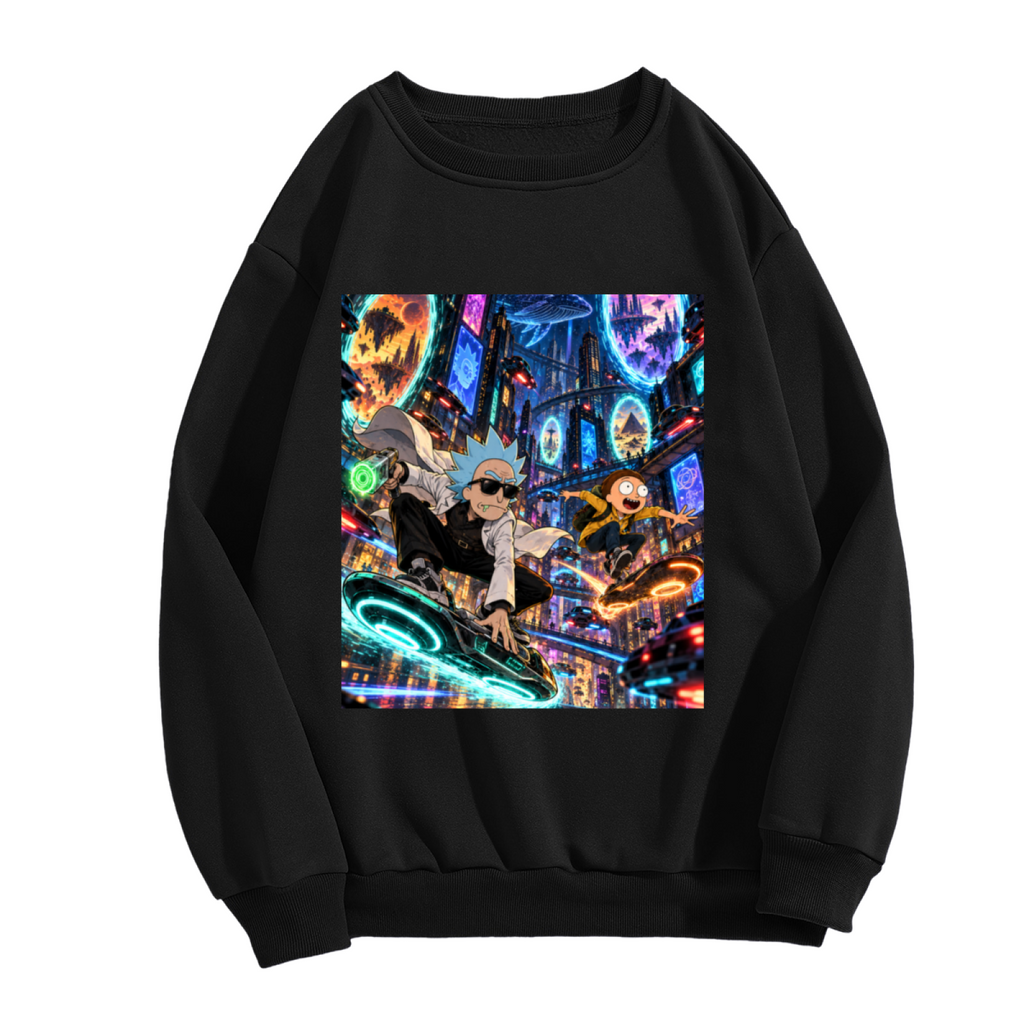 Standalone men's crewneck sweatshirt front displaying a graphic of two hoverboard riders surrounded by luminous portals