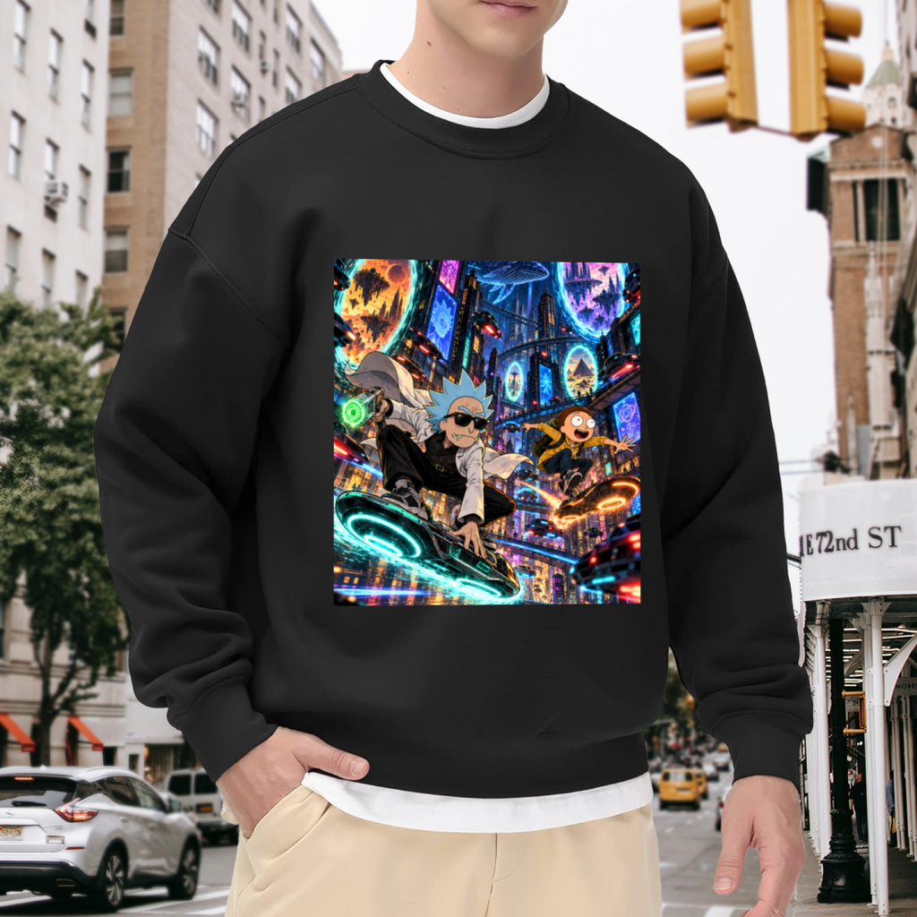 Men's crewneck sweatshirt worn outside, with the camera facing the graphic of two hoverboard riders surrounded by luminous portals