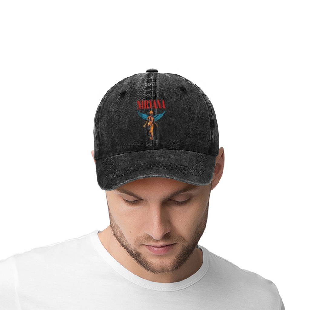 Nirvana In Utero Black Graphic Washed Baseball Cap; dark Nirvana In Utero album-inspired design
