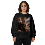 On-model product photo: women's crewneck sweatshirt bearing a feline ruler in an ornate palace filled with storm effects