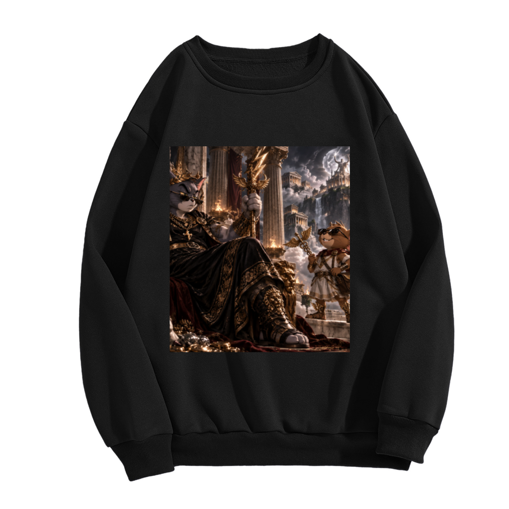 Women's crewneck sweatshirt photographed alone, with a feline ruler in an ornate palace filled with storm effects on the front