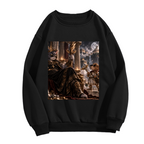 Women's crewneck sweatshirt photographed alone, with a feline ruler in an ornate palace filled with storm effects on the front
