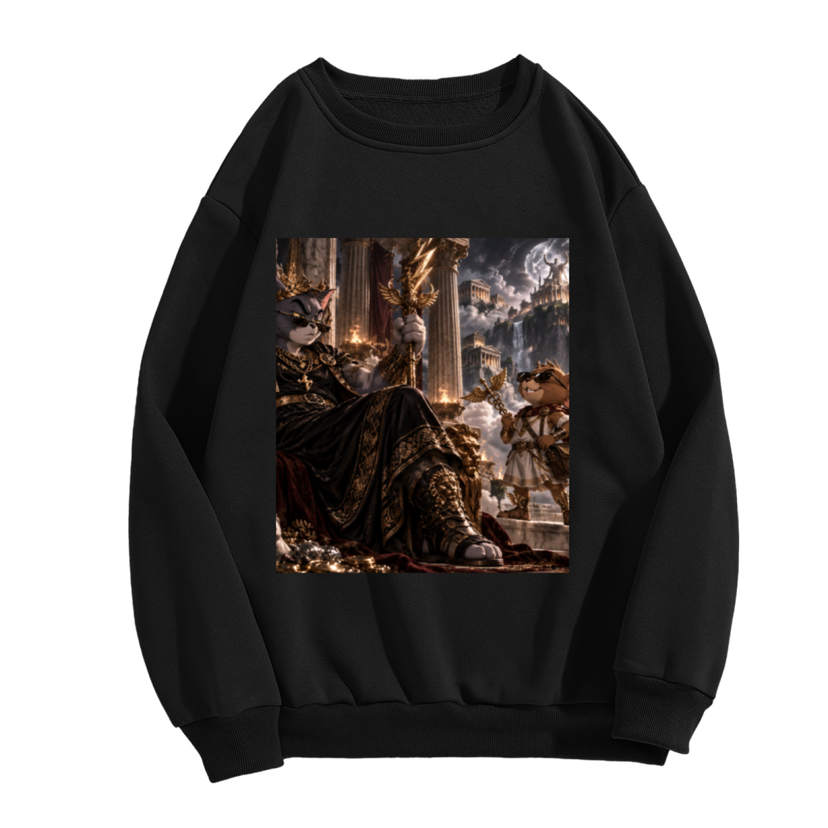 Women's crewneck sweatshirt photographed alone, with a feline ruler in an ornate palace filled with storm effects on the front