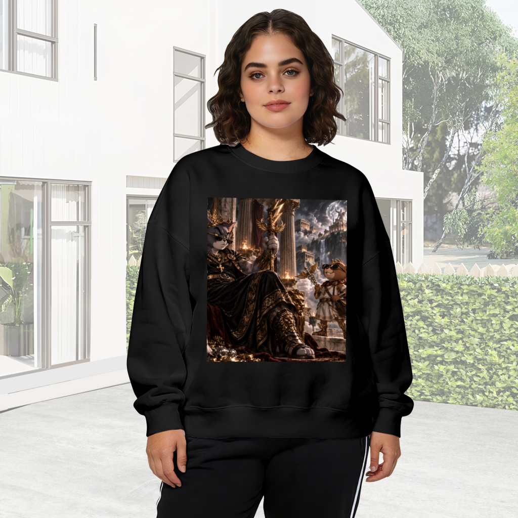 Lifestyle image outdoors: women's crewneck sweatshirt with a front graphic of a feline ruler in an ornate palace filled with storm effects
