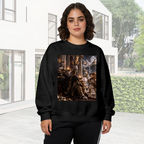 Lifestyle image outdoors: women's crewneck sweatshirt with a front graphic of a feline ruler in an ornate palace filled with storm effects