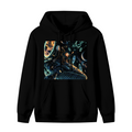 Men's hoodie photographed alone, with whale riders drifting among stars and luminous rings on the front