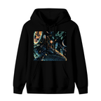 Men's hoodie photographed alone, with whale riders drifting among stars and luminous rings on the front