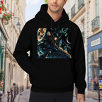Lifestyle image outdoors: men's hoodie with a front graphic of whale riders drifting among stars and luminous rings