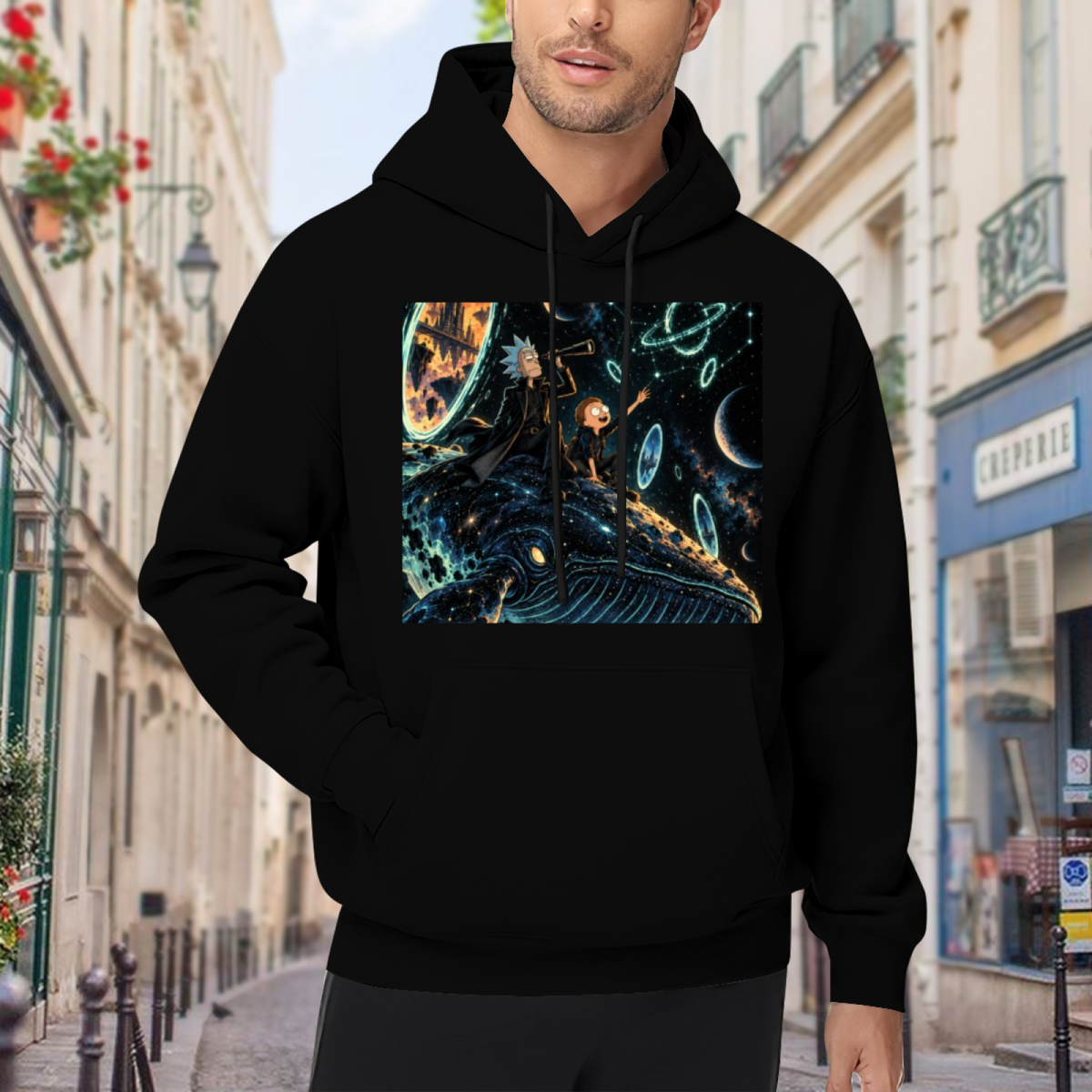 Lifestyle image outdoors: men's hoodie with a front graphic of whale riders drifting among stars and luminous rings