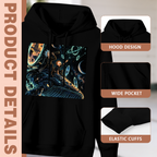 Feature collage for the men's Riders on the Space Whale hoodie: hood shape, pouch pocket and cuff finishing
