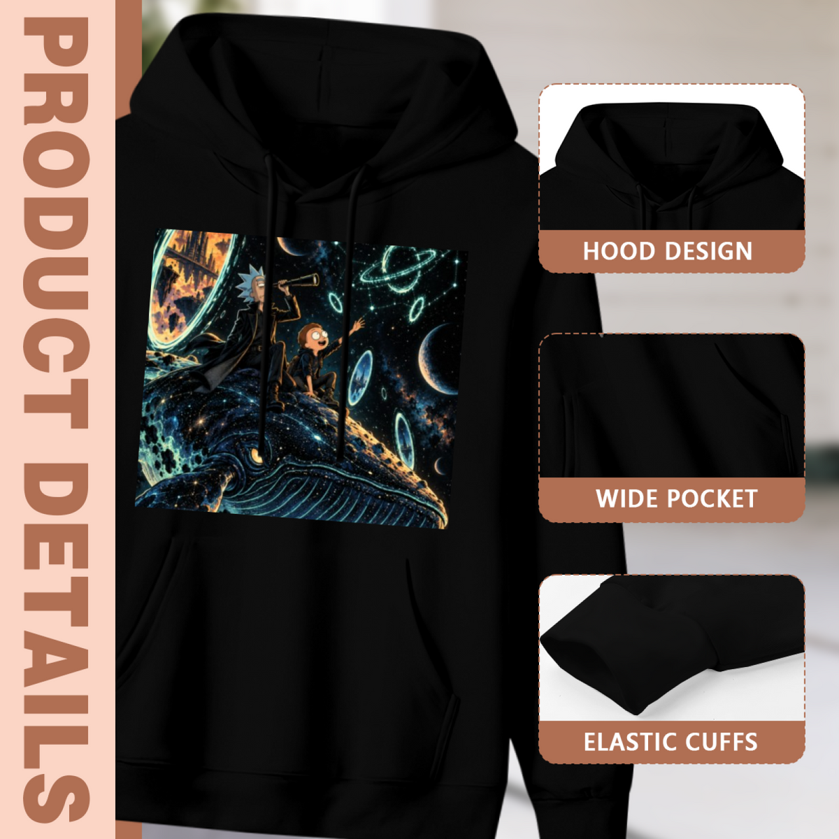 Feature collage for the men's Riders on the Space Whale hoodie: hood shape, pouch pocket and cuff finishing