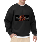 Studio photograph of a model in a men's crewneck sweatshirt showing a running masked figure centered in a narrow lettered banner